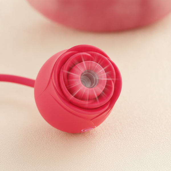Close-up of a rose-shaped vibrator, highlighting its suction opening and intricate petal details on a warm cream surface.