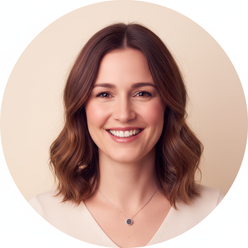 A smiling woman in a circular portrait, exuding confidence and well-being against a warm cream background.
