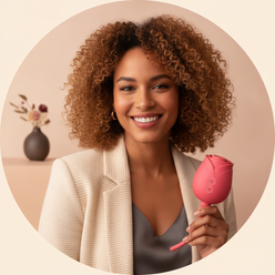 Portrait of a smiling woman holding a discreet Rose Thrusting G-Spot Vibrator, against a clean, softly lit background.