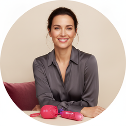 A woman in her 30s smiles confidently in a circular portrait, set against a clean, warm cream background, embodying wellness.