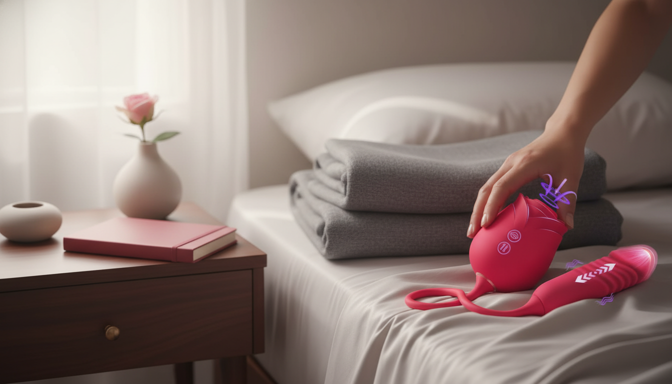 A rose-shaped vibrator sits on a bedside table in a softly lit, modern bedroom. The room features warm cream and berry accent