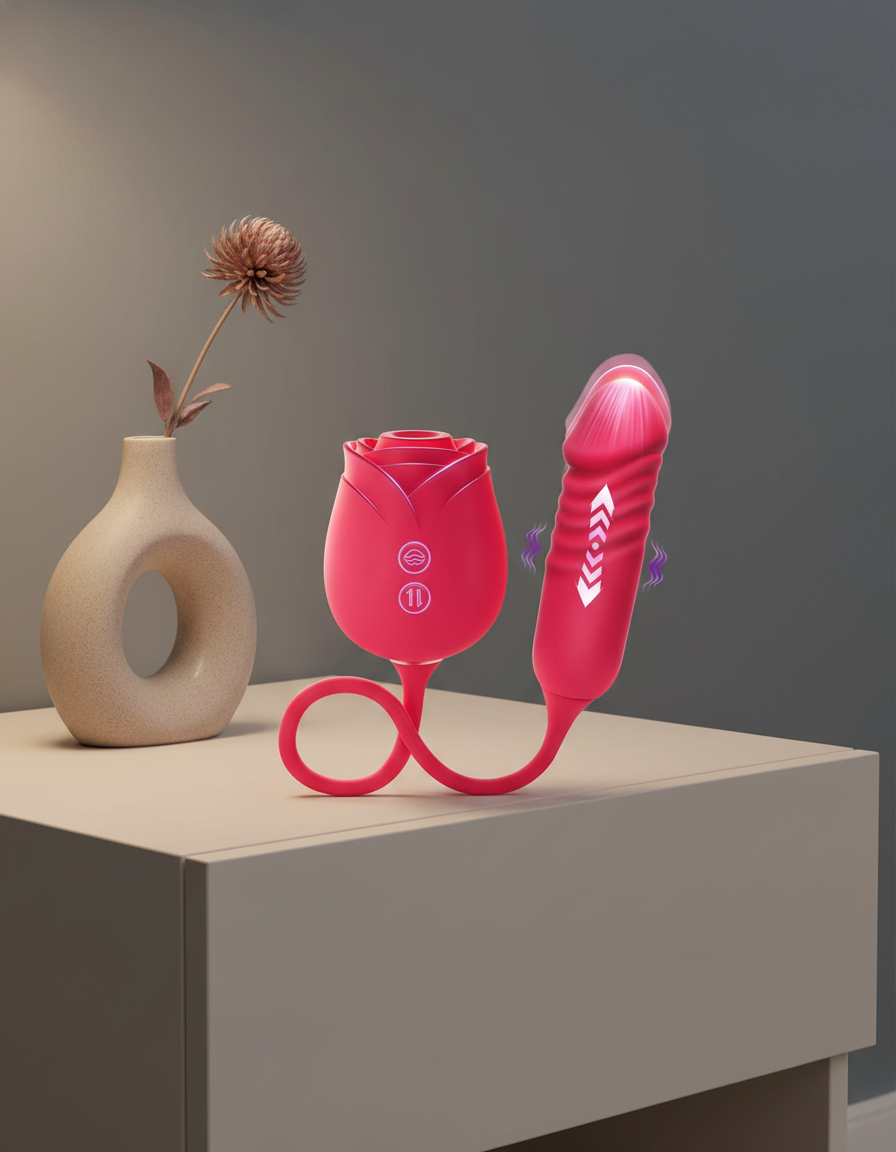 A sophisticated rose-shaped vibrator with a thrusting head, made of medical-grade silicone, resting on a minimalist nightstan