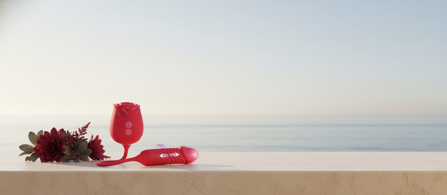 Rose Thrusting G-Spot Vibrator on a cream stone surface at the edge of a calm, sun-drenched coastal landscape.