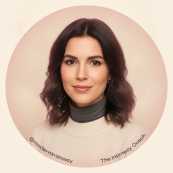 Portrait of a woman, "The Intimacy Coach" @modernintimacy, smiling confidently against a warm cream background.