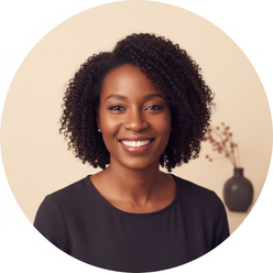 Portrait of Nadia James, a dark-skinned woman with a warm smile, against a clean cream background.