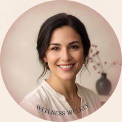 Portrait of a smiling woman with warm eyes, representing Wellness Weekly, against a cream background with a berry tint.