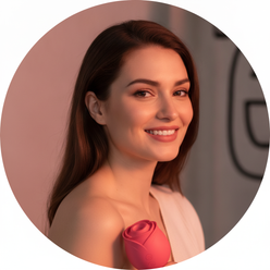 A smiling female influencer in a circular portrait holds the rose-shaped vibrator to her side, against a clean background.